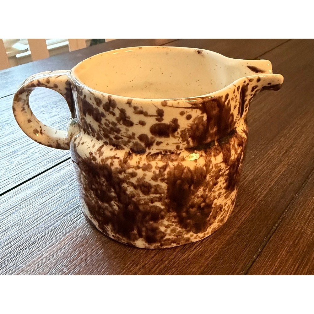 Vintage Brown Spongeware Pitcher Made in USA Speckled Stoneware Creamer 3.25in